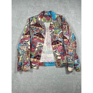 Chicos Multicolor Small Abstract Face Art Print Linen Blend Button Front Jacket
